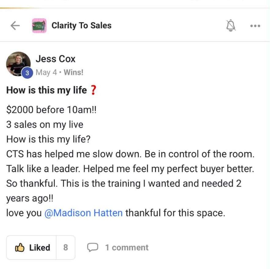 Jess Cox — $2,000 before 10am — 3 sales on a live