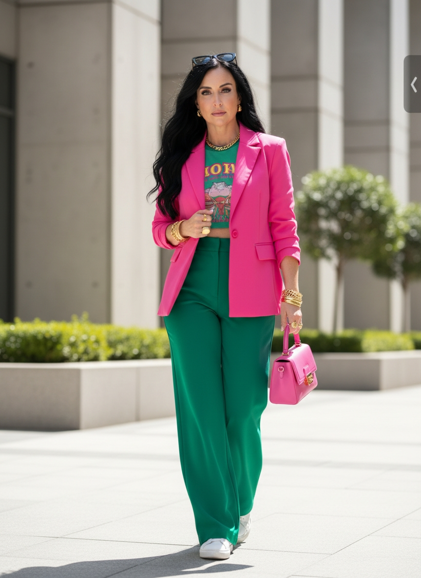Creator in pink blazer and green pants
